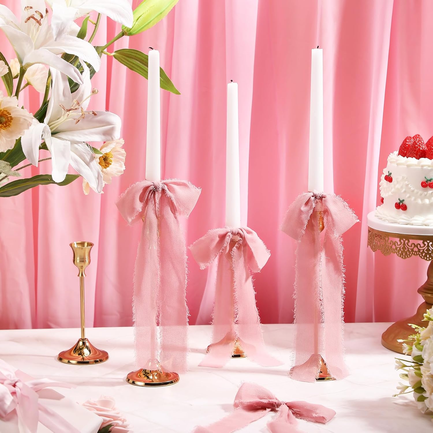 Skiennix 24 Pcs Pink Bow Candlestick Ribbons - Perfect for Cake Decorations & Gift Wrapping | 9.5 Inch
