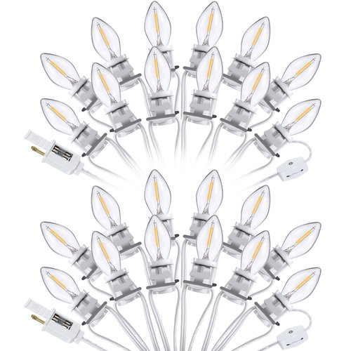 Meonum 2 Pack Accessory Cord with 24 LED Light Bulb, C7 Cord Clip Christmas Village Lights with Double Spare Fuse, Blow Mold String Decoration for Xmas Village House Pumpkin Crafts
