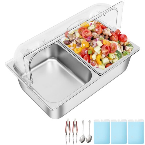 DONNGYZ Countertop Food Display Container 2 Pans with 3 Ice Packs Cold Food Serving Tray Buffet Condiment Dispenser Salad Dressing Appetizer Spice Fruit Cold Serving Buffet Tray