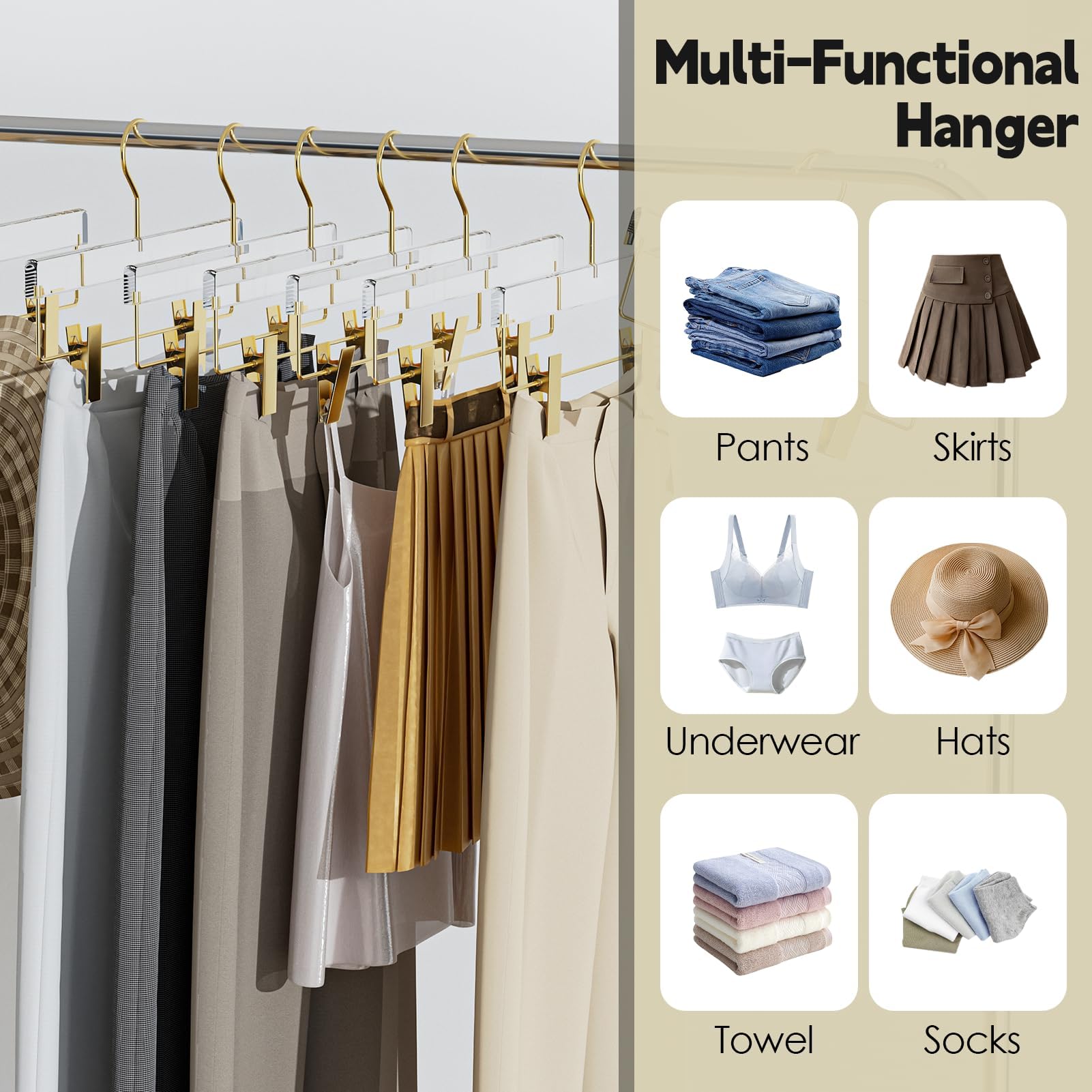 Acrylic Gold Pants Hangers with Adjustable Clips 10 Pack, Non-Slip Skirt Hanger for Women, Heavy Duty Space-Saving Clothes Organizer for Trousers, Coats, Jeans, Adults & Kids