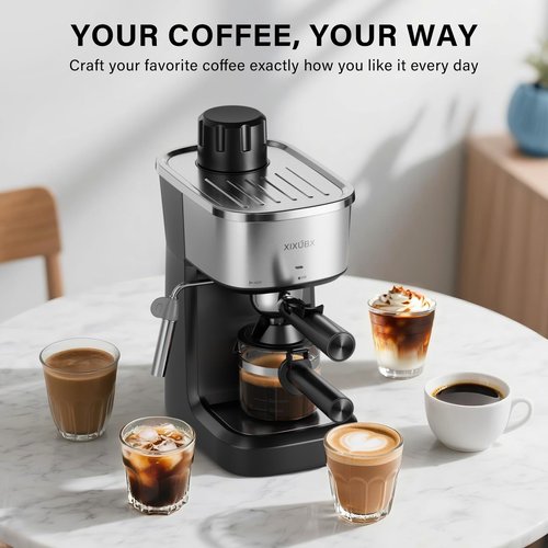 XIXUBX 6 Bar Espresso Machine, 800W Compact Coffee Maker with Stainless Steel Cup Warmer, Steam Milk Frother, Automatic Pressure Relief, Cappuccino & Latte Maker, Black, for Home and Office