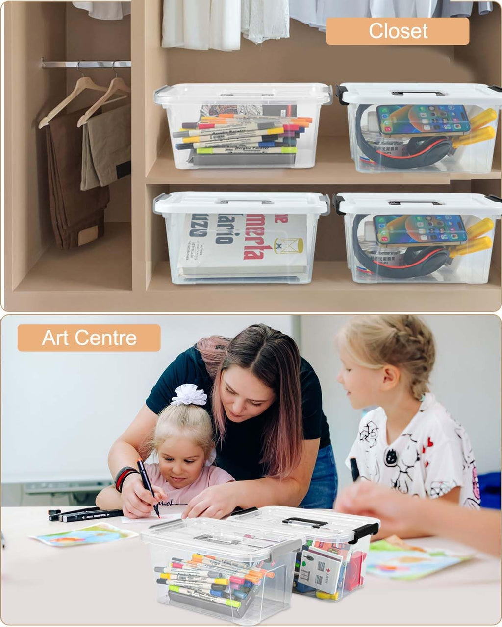NUMIFUN Plastic Storage Bins - 7 Quart Stackable Organizer with Lids & Buckle-Up Latches | 6 Pack for Home & Office
