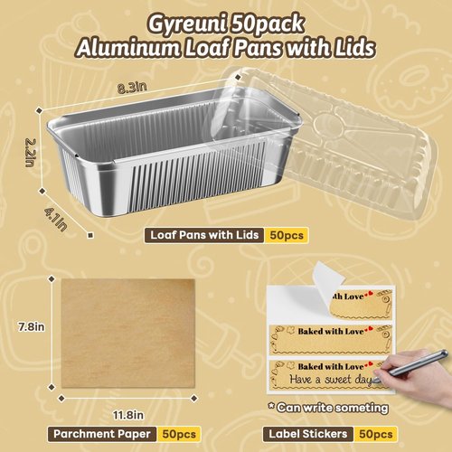 Gyreuni 50 Pack Aluminum Loaf Pans with Lids Stickers and Parchment Paper Sheets,2.4Lb Heavy Duty Aluminum Foil Premium Bread Tins - 8.3" X 4.1" X 2.2" Disposable Baking Pans