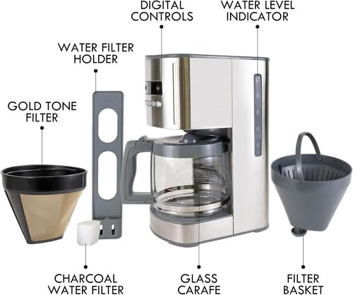 Koolatron Kenmore Elite 12-Cup Programmable Coffee Maker - Auto Shut-Off, Reusable Filter, Glass Pot