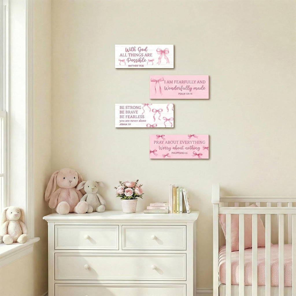 Skiennix Pink Bow Coquette Wooden Wall Decor - Inspirational Christian Art for Nursery & Bedroom