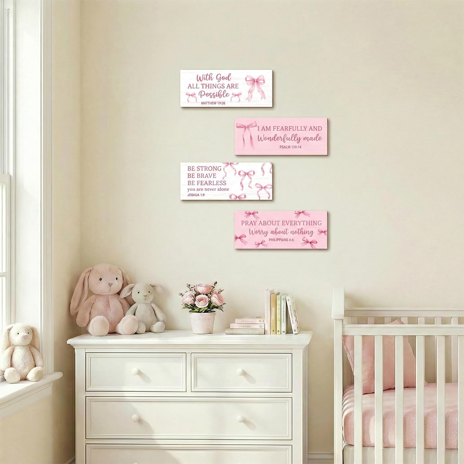 Skiennix Pink Bow Coquette Wooden Wall Decor - Inspirational Christian Art for Nursery & Bedroom
