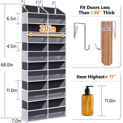 UVIAHOMI Heavy Duty Over The Door Organizer 6 Tiers, Extra Large Behind Door Storage of 12 Big Front & 12 Mesh Pockets, 80lb Weight Capacity, Hanging Doors Storage for Closet Bedroom Nursery, Gray