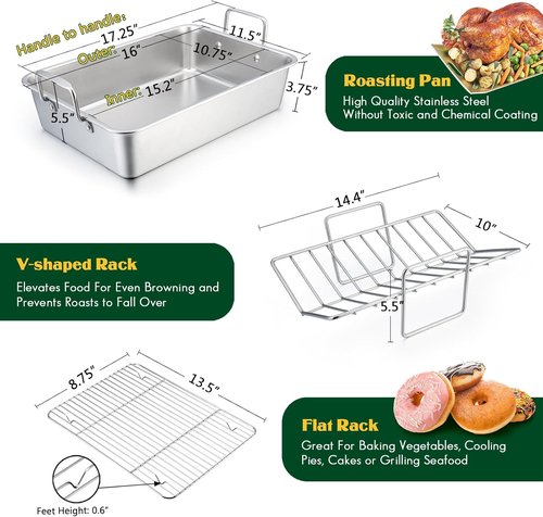 E-far Stainless Steel Roasting Pan - 16 x 11.5 Inch Turkey Roaster with V-Shaped Rack | Heavy Duty & Dishwasher Safe