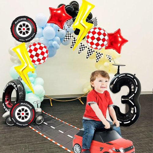 Cartoon Race Car Birthday Party Decorations Large Lightning Bolt Foil Balloons Race Car Balloons 40 Inch Racetrack Number 3 Balloon for Boys 3rd Cars Themed Birthday Party Decor Supplies