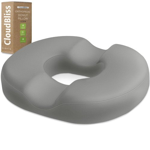 CloudBliss Donut Pillow Seat Cushion Chair Pad for Tailbone Pain Relief and Hemorrhoids, Memory Foam Seat Chair Cushion for Men and Women for Home & Office, (Light Grey-2XL)