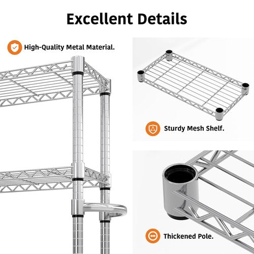 Metal Storage Shelves 5 Tier with Wheels, 1100 LBS Adjustable Wire Shelving Rack Shelves Units with Side Handle for Hanging, Rolling Shelf Organizer for Kitchen Garage, 11.8" W x 23.6" D x 61"H,Silver