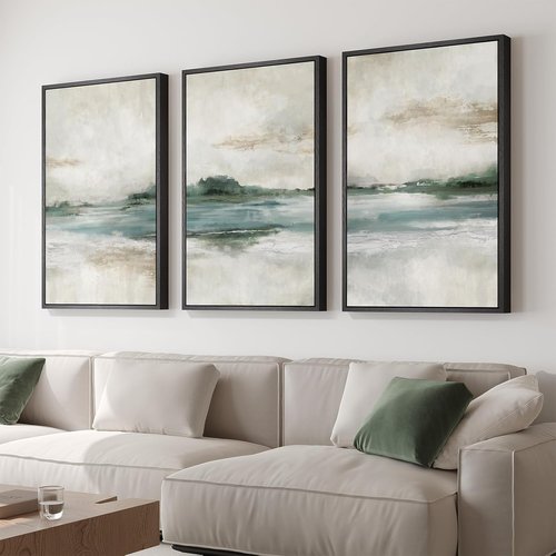 Large Framed Abstract Nature Landscape Wall Art - Set of 3 Modern Canvas Prints | 24x36 Inch Green Lake Decor