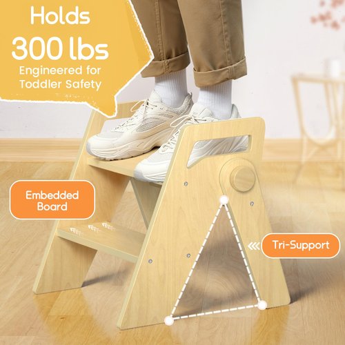 HOMEKOL Toddler Kids Step Stool: Wooden 2 Step Stool for Bathroom Sink Kitchen, Foldable with Side Handles, 300 lbs Capacity, Non-Slip A-Frame, Natural Wood Color