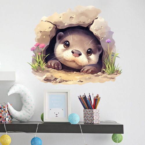 RoyoLam Cute Otter in a Hole with Florets Wall Decal Nursery Animal Wall Sticker Removable Peel and Stick Wall Art Decor for Kid Baby Classroom Preschool Living Room Playroom Bedroom School