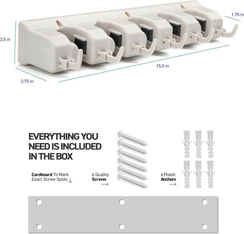 HOME IT Mop And Broom Holder Wall Mount - Versatile Garage Storage System with 5 Slots & 6 Hooks - Off-White Garden Tool Organizer for Home & Garage