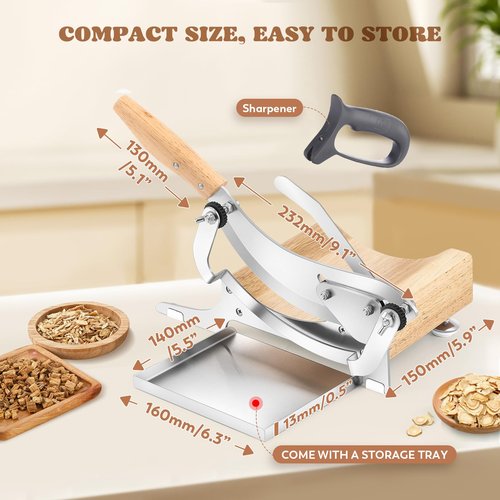 Moongiantgo Biltong Slicer Chinese Medicine Radiused Beef Jerky Cutter with Handguard, 0-0.5’’ Adjustable Thickness, Wooden Base Herb Root Cutting Machine for Ginseng Antler Gastrodiae Maca Ganoderma