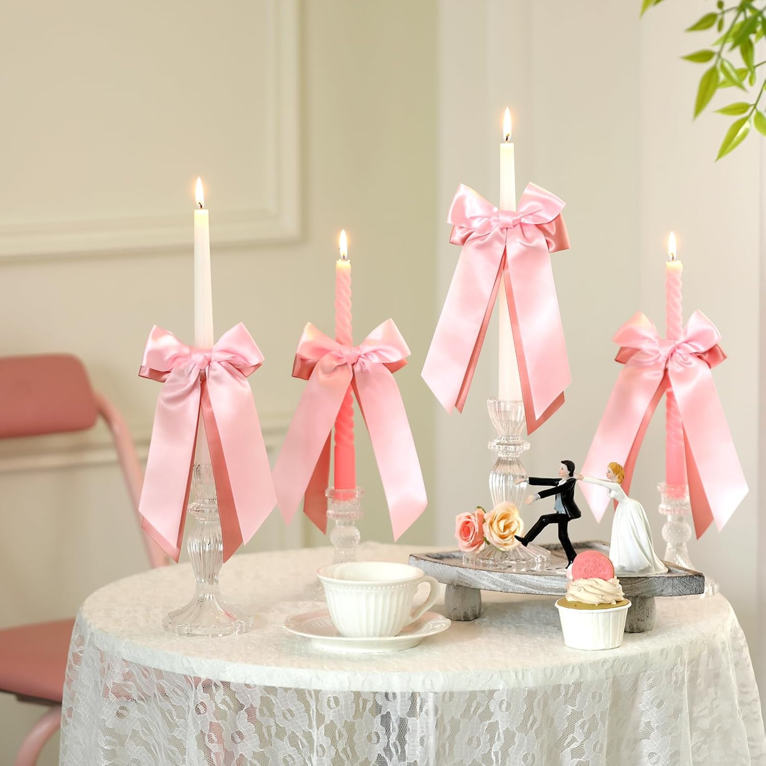Skiennix 12 Pcs Pink Candlestick Bows - Double-Layer Satin Ribbon Pre-Tied Bowknot for Weddings & Parties