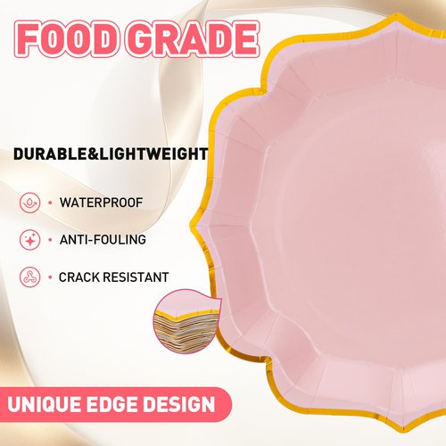 Growswally 50 Pieces Light Pink Paper Plates with Gold Foil 7 Inch Pink Scalloped Plates Disposable Dinner Plates for Birthday Weddings Baby Shower