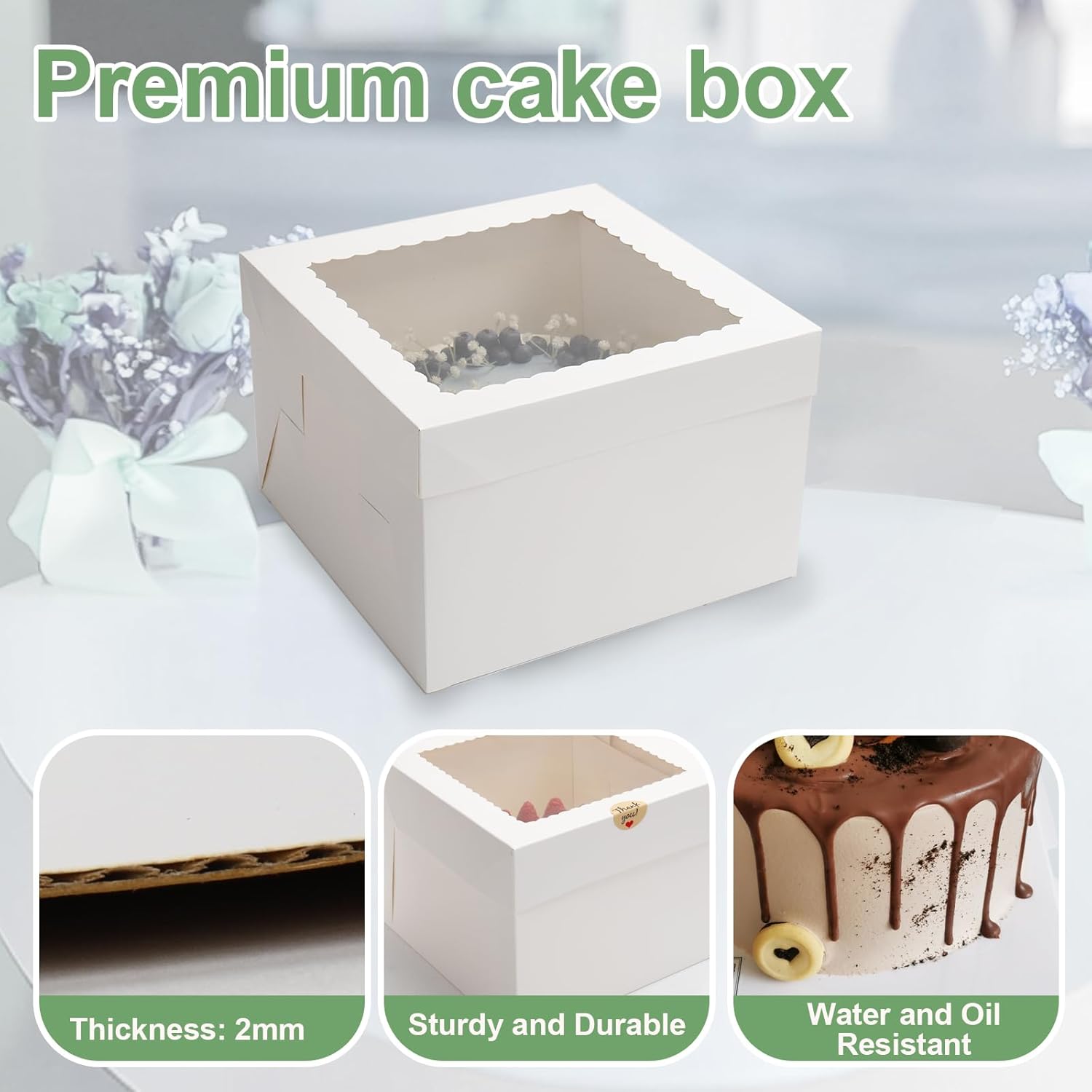 Skiennix Cake Boxes - 12x12x8 Inches Tall White Bakery Boxes with Large Window | 2 Pack, Disposable Transport Containers for Cakes, Cookies, Pies, Weddings, Birthdays