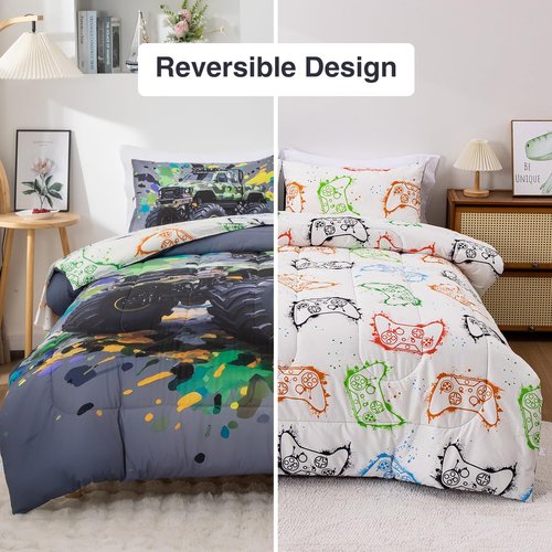 Holawakaka Boys Twin Size Off-Road Camo Racing Truck Print Bedding Comforter Set with Sheets, Cartoon Camouflage Race Trucks Bed in A Bag 5 Pieces Kids Teens Car Dorm Reversible Bed Sets