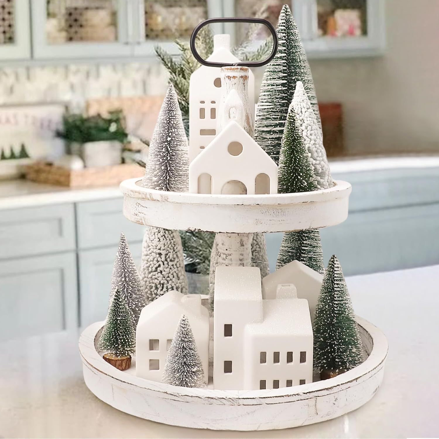 Skiennix Christmas Village Set - 5 Lighted Ceramic Houses with Remote Control & 9 Trees | Rustic Indoor Holiday Decor