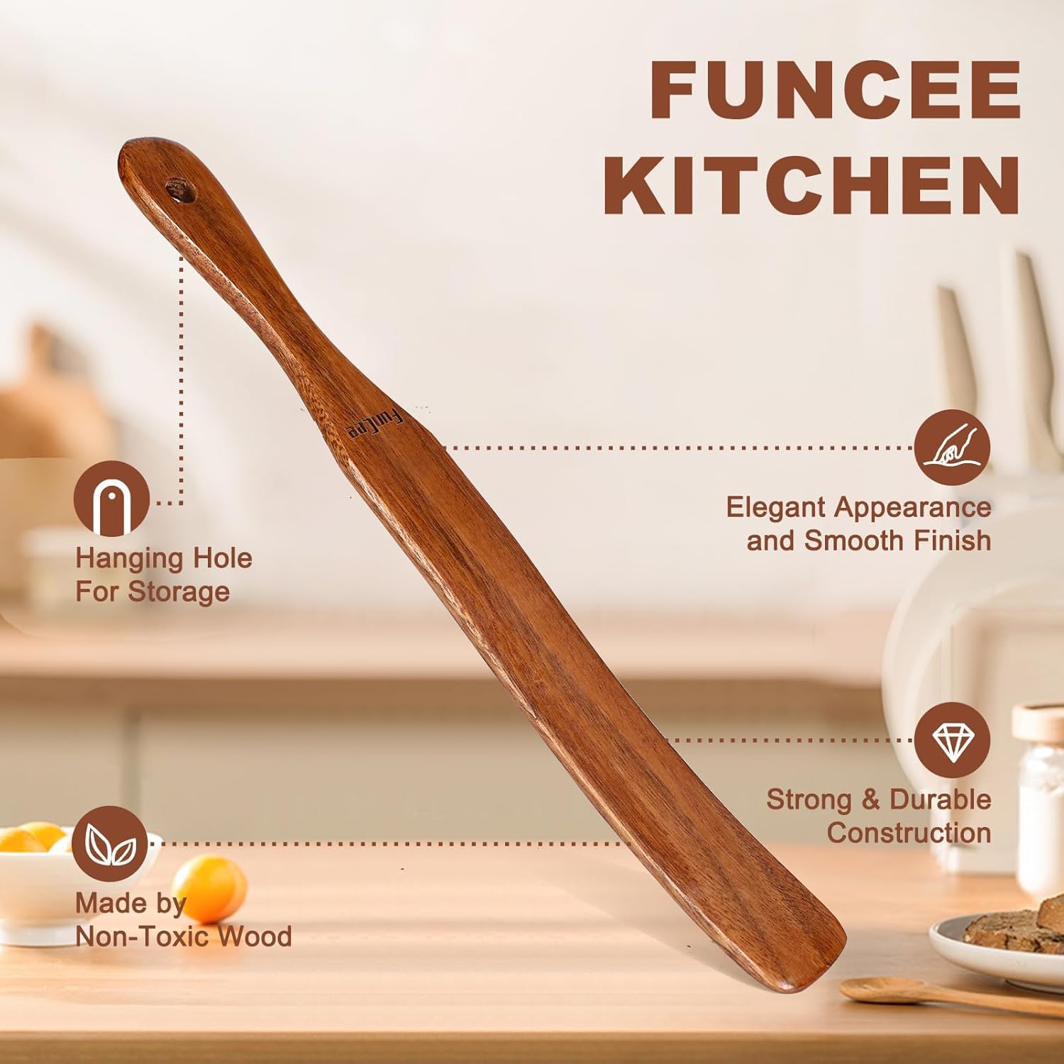 Skiennix Wooden Spurtle Set - 2 Pack Long Handle Kitchen Utensils for Sourdough & Mixing | Teak Wood