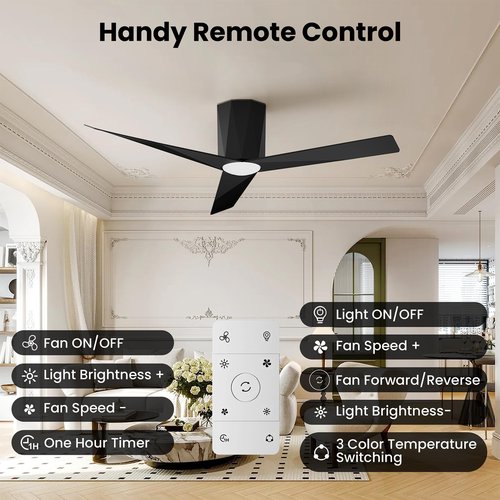 Roomratv Black Ceiling Fans with Dimmable Led Lights, 52 Inch Flush Mount Ceiling Fan Remote Control, Quiet DC Reversible Motor for Summer Winter, Low Profile Modern ABS Blades Indoor Use