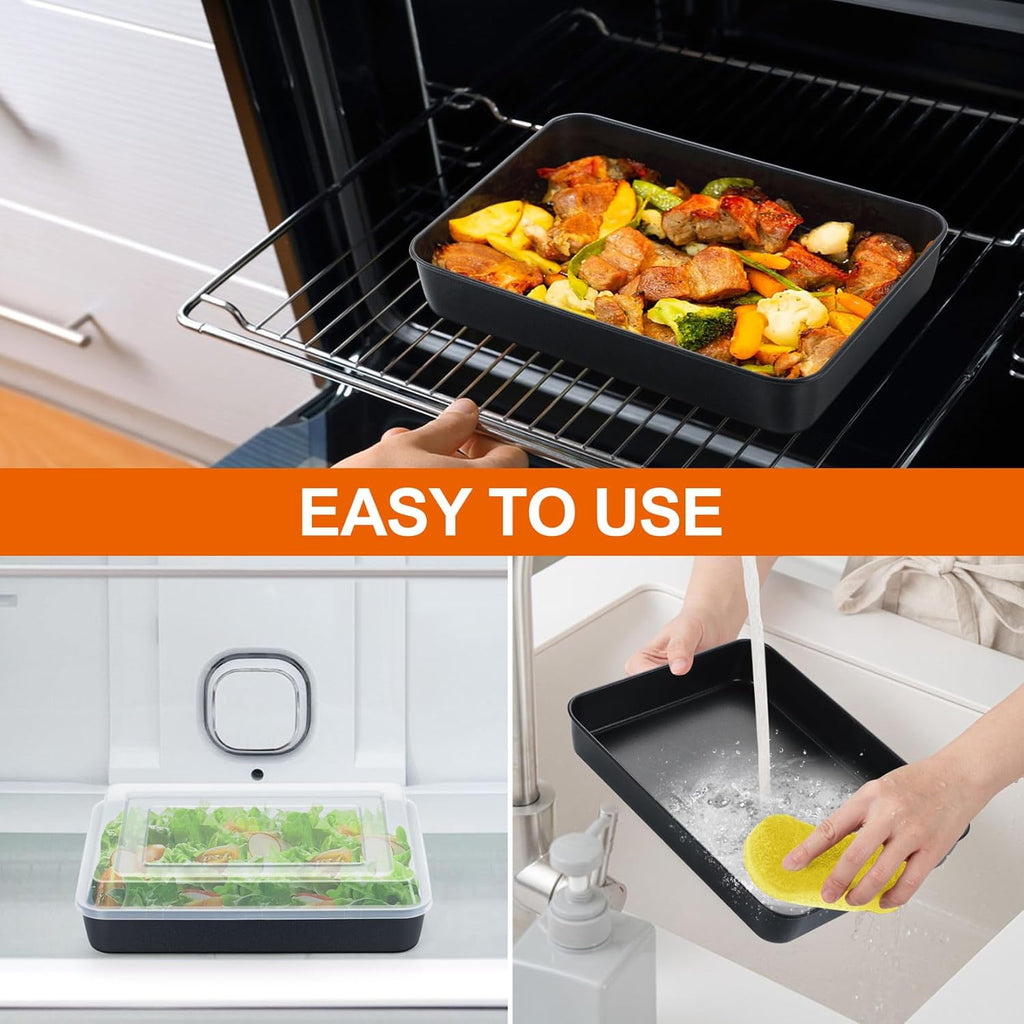 P&P CHEF Toaster Oven Pan - Nonstick Rectangular Baking Tray with Lid | 10.5 Inch, 2-Piece Set