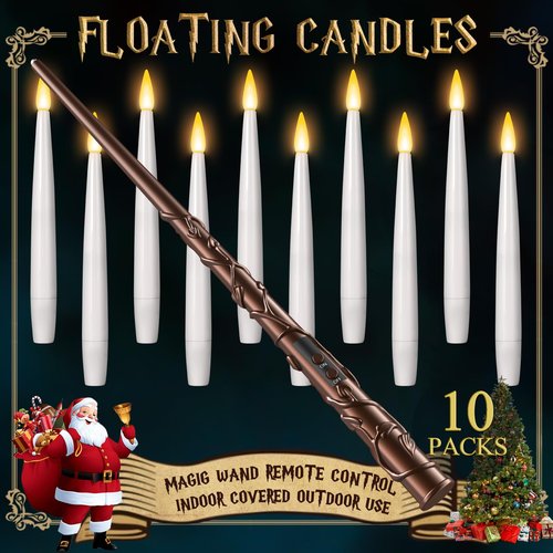 Floating Candles with Wand 10PCs - Magic Hanging Candles Christmas Decorations Flameless Taper Candles with Remote, Floating Lights Gifts for Window Home Bedroom Wedding Birthday Party Indoor Decor