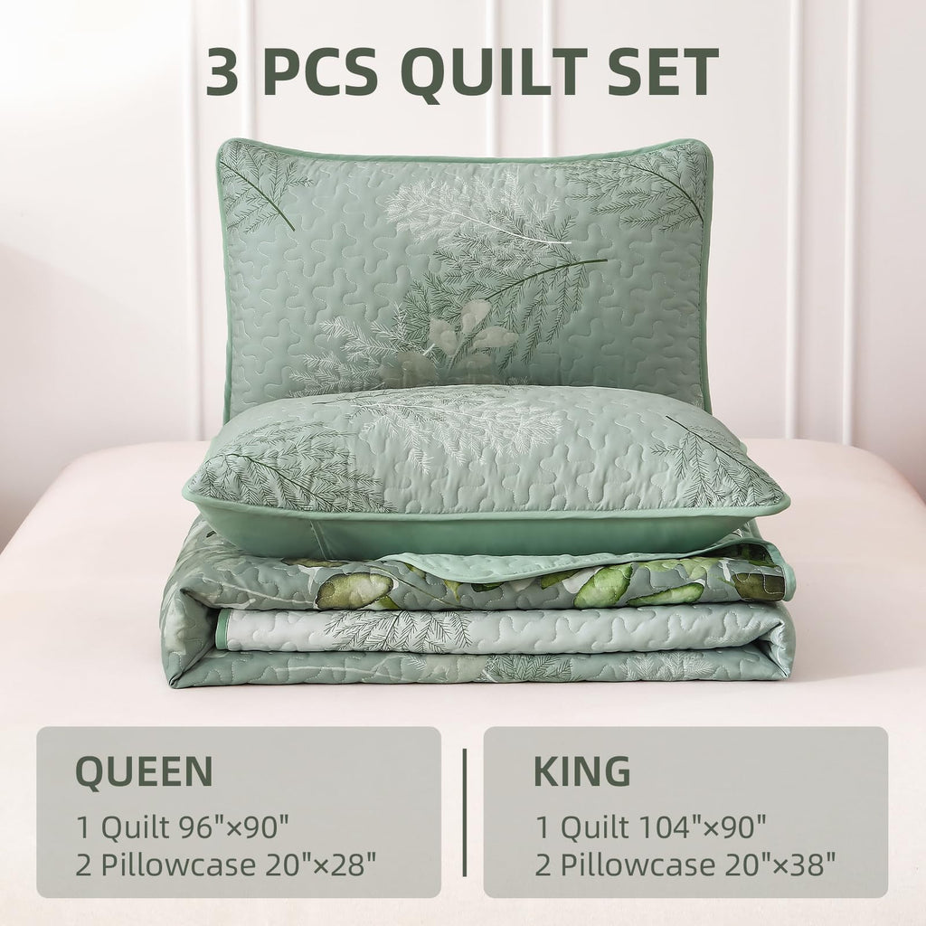 WONGS BEDDING Green Quilt Set King Size,3 Pieces Green Floral Bedspread Coverlet Set, Soft Microfiber Lightweight Floral Bedding Set King 104"×90"