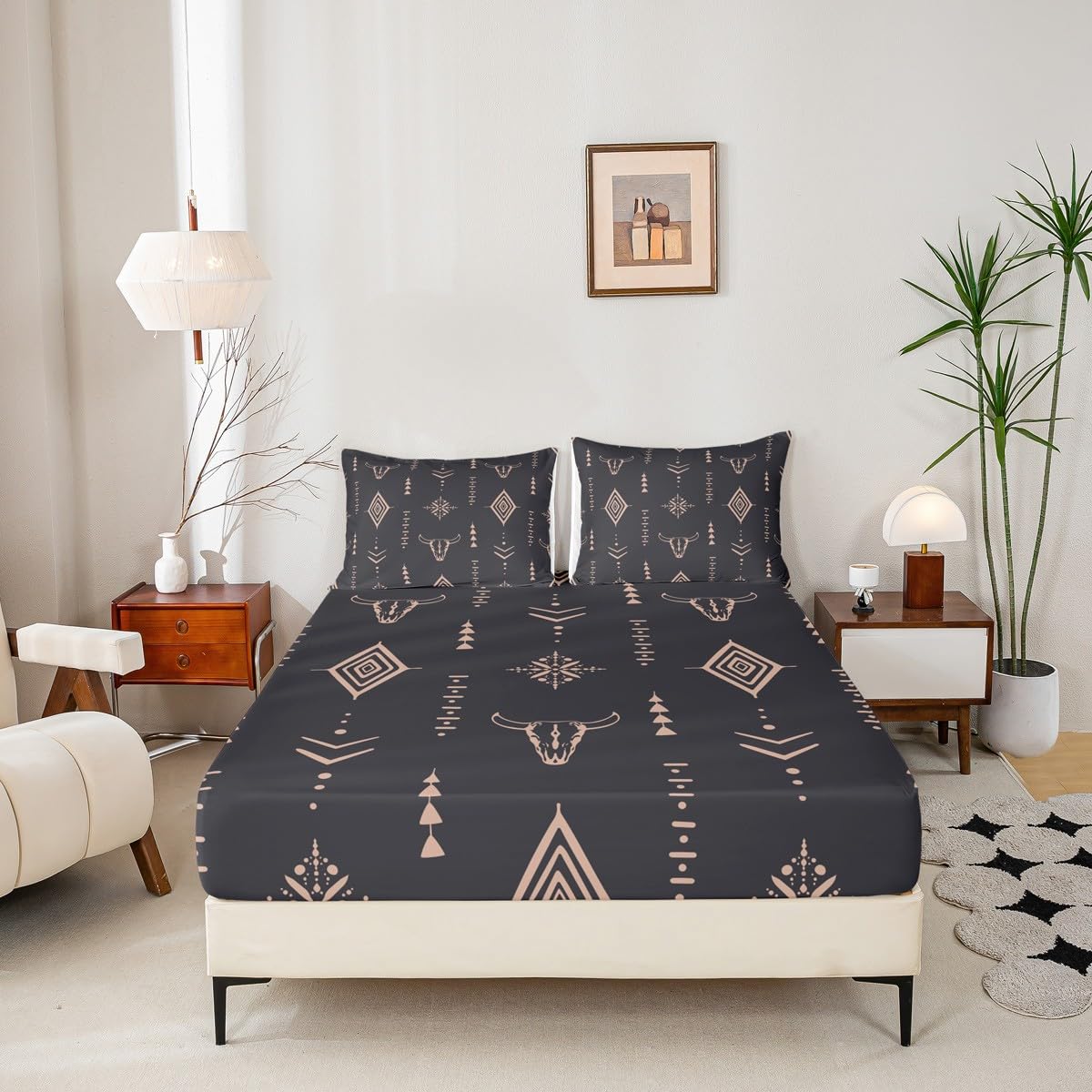 Bull Skull Bed Sheets Set King Boho Sheet Set Ethnic Horns Bohemian Sheets Brown Tribal Symbol Mysterious Aztec Bedroom Decor Abstract Geometric Flat Fitted Sheet for Men Boys