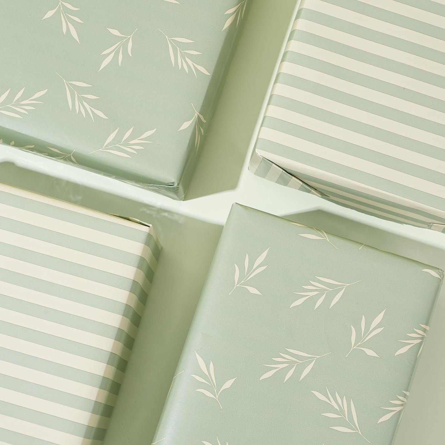 ZINTBIAL Reversible Gift Wrapping Paper Roll - Light Green & Beige Leaves Design - 17.5" x 33' (48 sq. ft.)