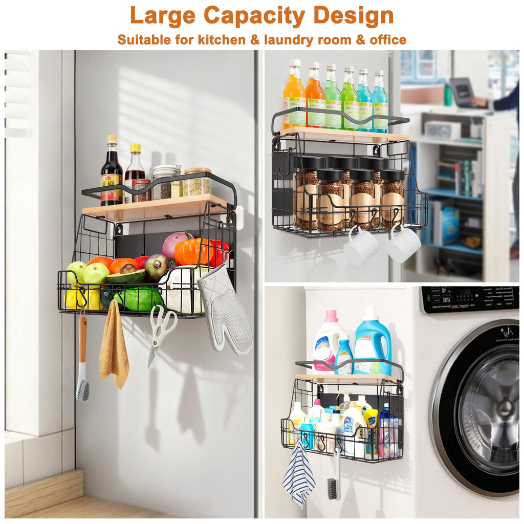 Livabber Magnetic Fridge Organizer Basket with Wood Shelf, Large Fruit Vegetable Storage Bin, Spices Snacks Condiments Rack for Kitchen Pantry, Laundry Room, Office, Magnetic or Wall Mount (Black)