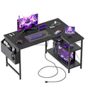 Mericonia Small L Shaped Computer Desk with Power Outlets, Reversible Gaming Desk with Storage Shelves, Corner Gamer Desk Table, Study Writing Table