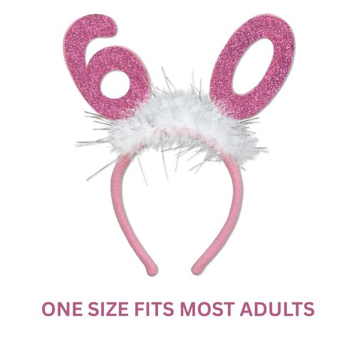 Beistle “60” Glittered Boppers with Marabou – Pink Birthday Headband with White Feathers and Silver Accents, Fun Costume Accessory for 60th Birthday Celebrations, Milestone Events and Photo Ops