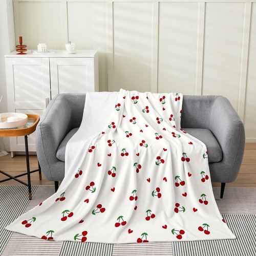 Feelyou Kids Red Cherry All Season Bed Blanket Throw 50"x60" Cherry Pattern Plush Throw Blanket Cute Fruit Flannel Fleece Blanket Kawaii Cartoon Fruit Room Decor Fashion