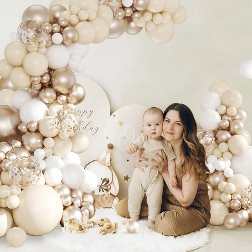 White Sand Champagne Gold Balloon Arch Kit, 143Pcs Metallic Champagne Gold Neutral Balloons Garland Arch Kit Confetti Balloons for First Communion Anniversary Engagement Wedding Birthday Decorations