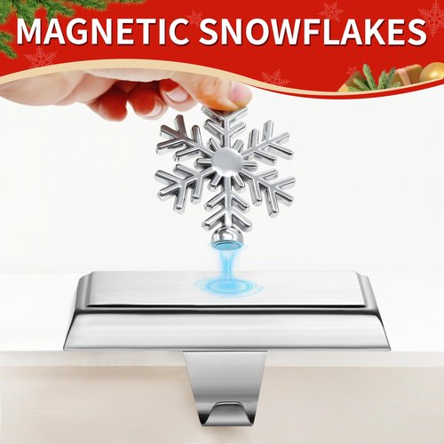 MNKXL Set of 4 Metal Christmas Stocking Holders for Mantle,Heavy Duty Weighted Stocking Holders for Mantle,Silver 3D Snowflake Stocking Holder for Tables Window Fireplace Christmas Decorations