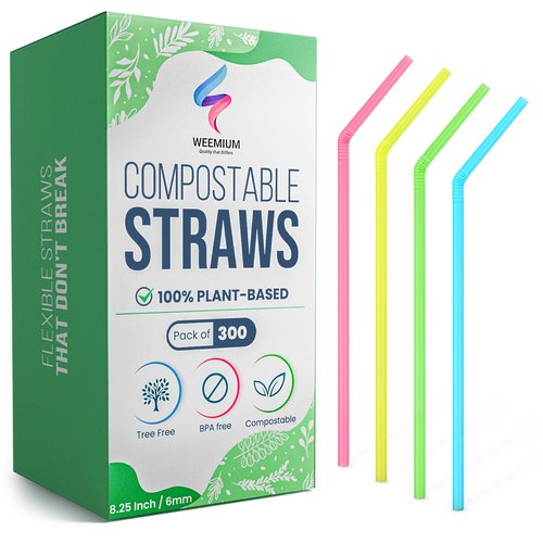 Weemium Compostable Straws Disposable [300 Pack] 8.25" | 100% Plant-Based Plastic-free PLA, Disposable and Biodegradable | Flexible Colorful Drinking Straws are Best Alternative to Plastic
