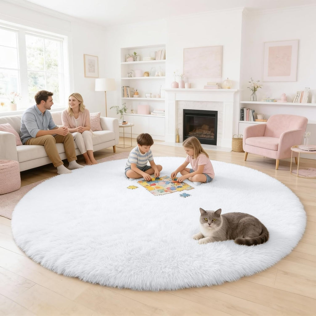 OLANLY White Round Area Rug - Soft, Fluffy, Machine Washable 7 ft Circle Carpet for Bedroom & Living Room Decor