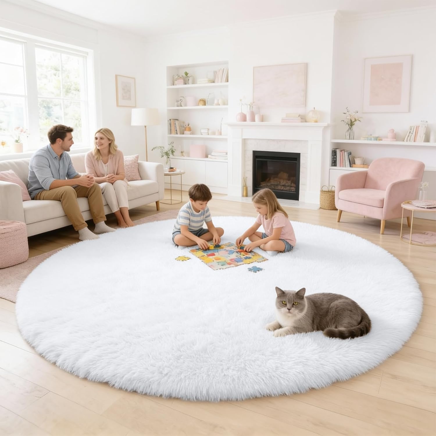 OLANLY White Round Area Rug - Soft, Fluffy, Machine Washable 7 ft Circle Carpet for Bedroom & Living Room Decor