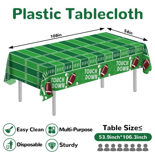 3 Pack Green Football Premium Plastic Tablecloth, 54 x 108 inch Football Disposable Tablecloths Rectangle Leakproof for Party Decorations Supplies, Picnic, Birthday (Green Football, Rectangle 3 Pack)