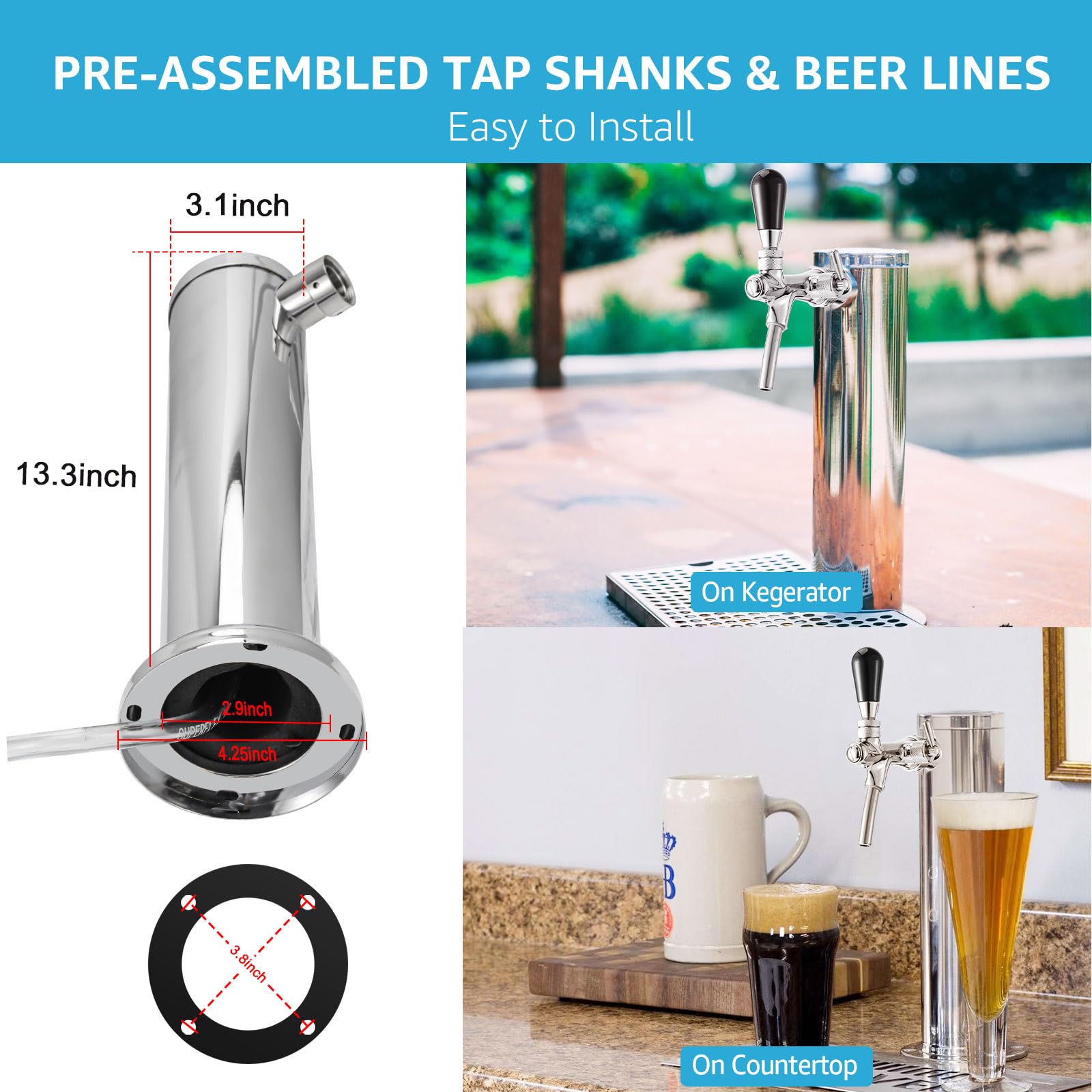 Adjustable Single Tap Tower Kegerator Tower, Draft Beer Tower Keg Tower with Kegerator Parts, Stainless Steel Core Pre-assembled Beer Line Beer Tower Dispenser for Homebrew