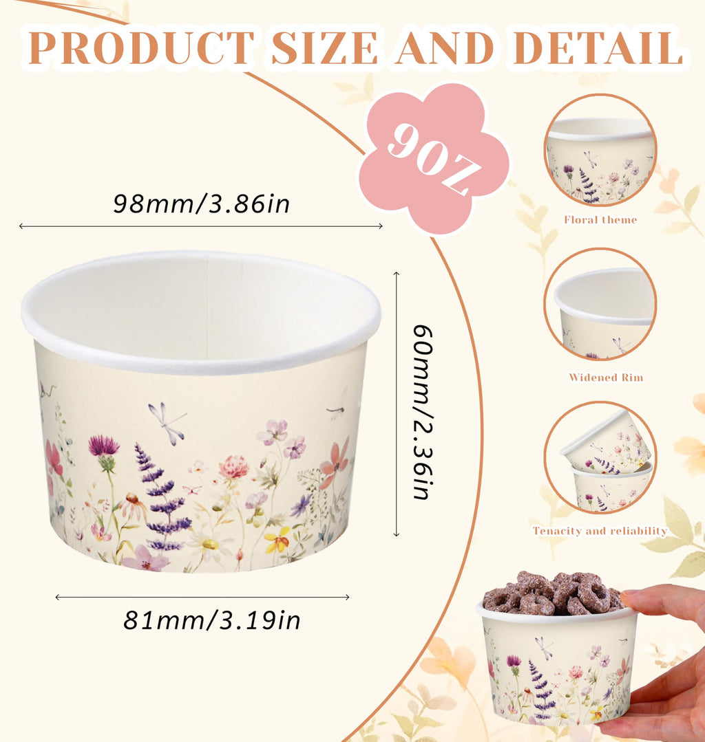 Nihuecne 50 Pcs 9 oz Floral Themed Disposable Dessert Paper Bowls in 5 Designs, Disposable Snack and Soup Bowls for Events, Game Day, Birthday Party Supplies, Perfect for Hot or Cold Food