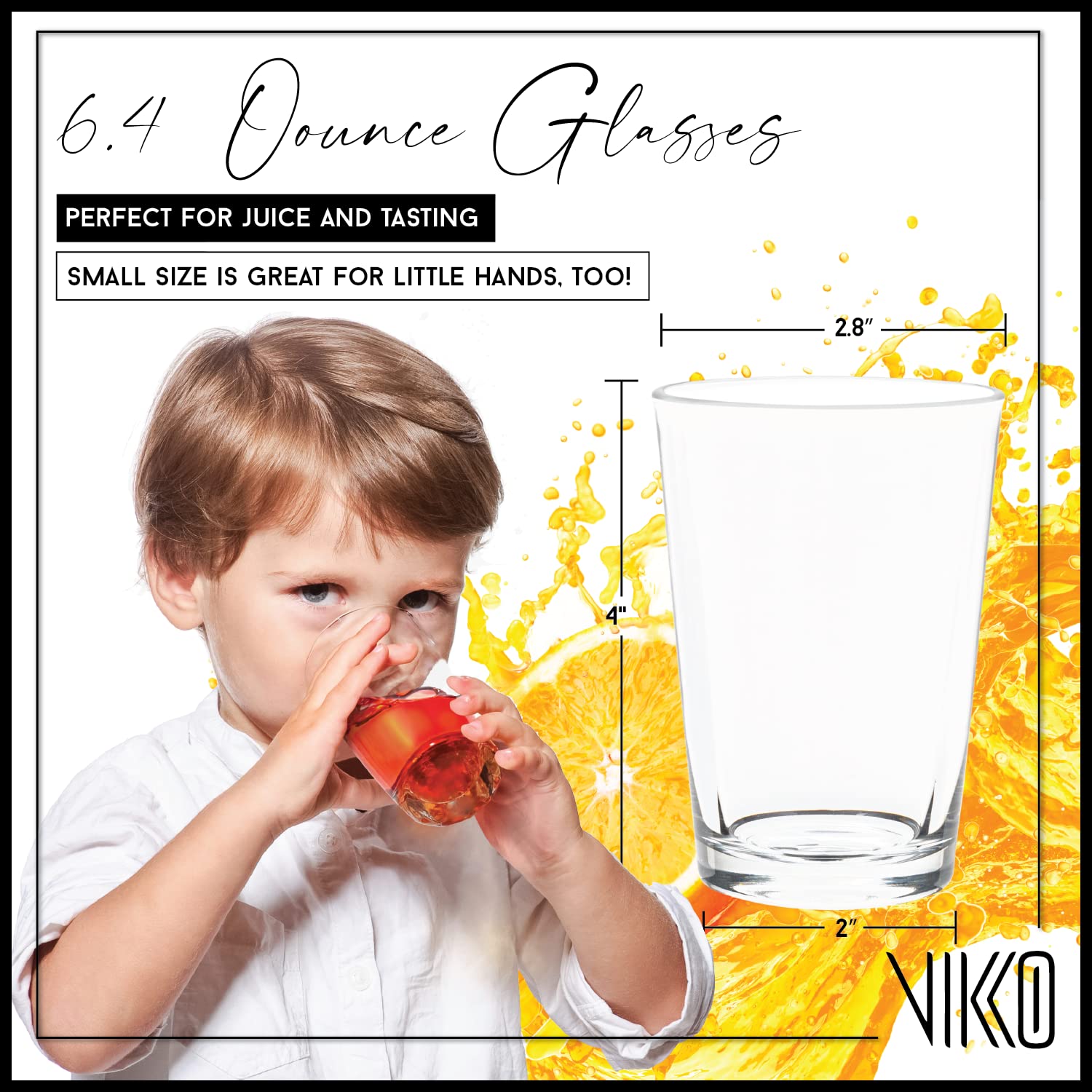 Vikko Small Glasses, 6.4 Ounce Glass Cups, Heavy Base, Clear Glass Tumblers - Set of 6 for Drinking Orange Juice, Water, Kids