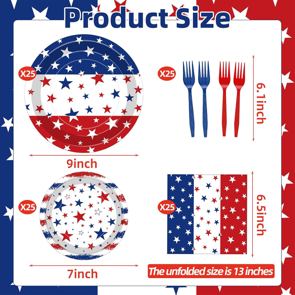 Regine Switzerland 100 Pcs Patriotic Party Supplies Set - Disposable Red, White & Blue Tableware for 25 Guests | Perfect for 4th of July & Memorial Day Celebrations