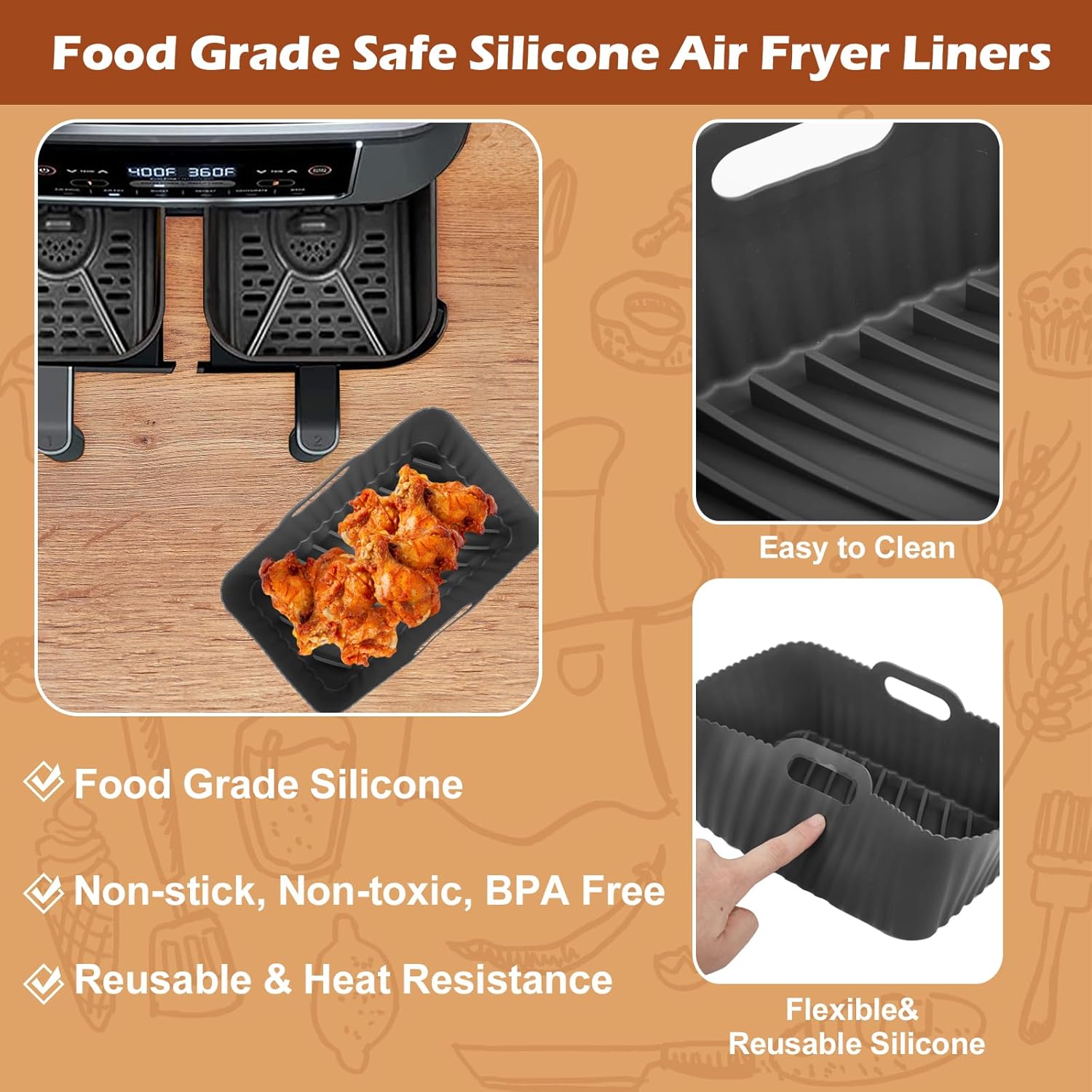 Ninja Foodi Silicone Air Fryer Liners - Non-Stick, Reusable 2-Piece Set for 8 QT Baskets