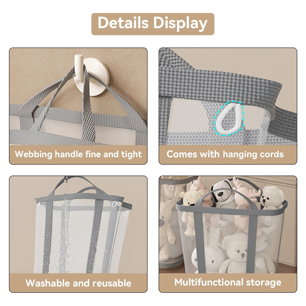Portable Laundry Hamper (11 Gallon), Mesh Laundry Tote with 4 Hanging Cords&Sturdy Handles, Foldable Large Capacity Laundry Basket for Bathroom, Dorm, Bedroom or Travel