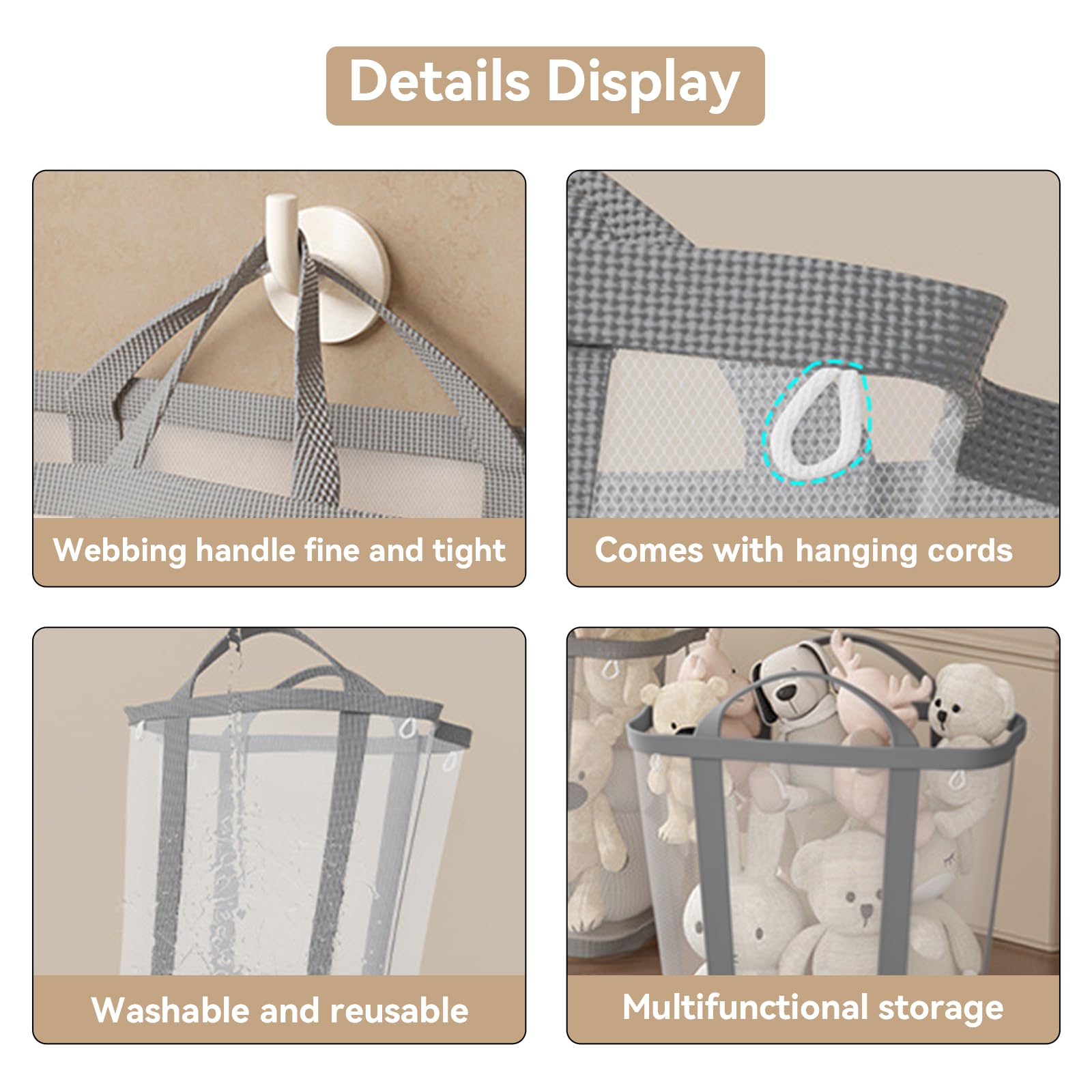 Portable Laundry Hamper (11 Gallon), Mesh Laundry Tote with 4 Hanging Cords&Sturdy Handles, Foldable Large Capacity Laundry Basket for Bathroom, Dorm, Bedroom or Travel