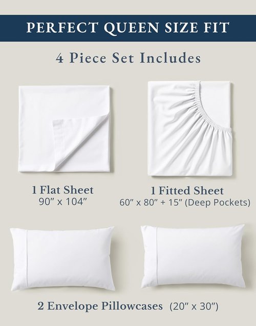 Lane Linen Eco-Friendly 100% Organic Cotton Queen Sheet Set - Soft, Comfy, 15" Deep Pocket, Naturally Cooling - White